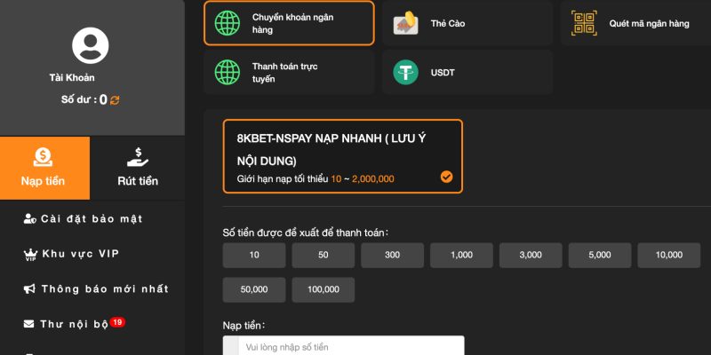 Hướng dẫn nạp tiền 8KBET